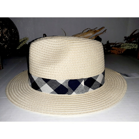 Loft Tan Packable Straw Fedora Hat - Plaid Bandage - Picture 12 of 15